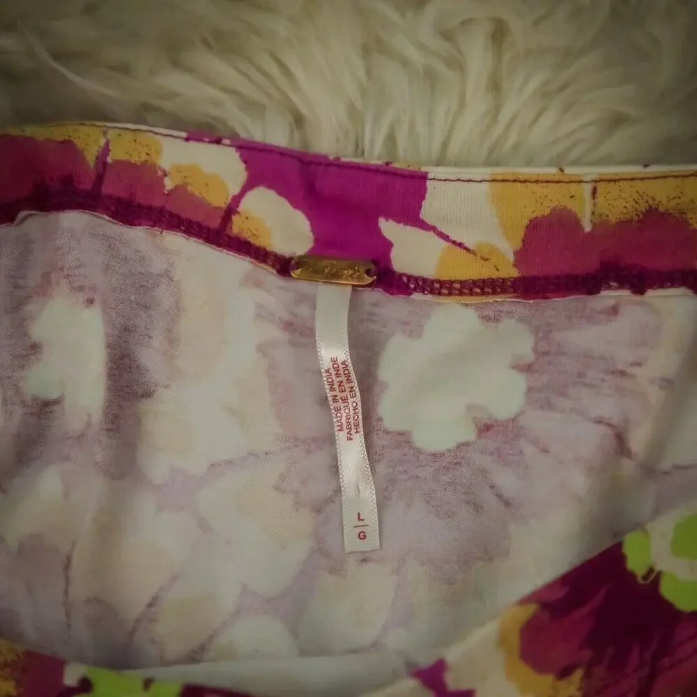 Free People Size Large L Give Me More Pink Floral Puff Short Sleeve Crop Top